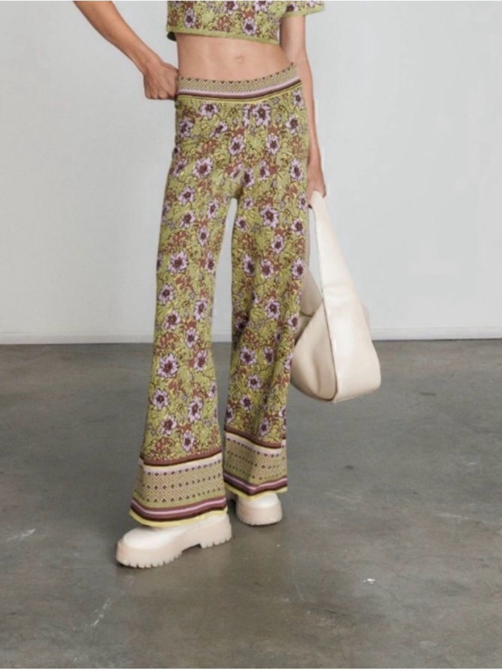 Cupcakes and Cashmere Floral Wide Leg Palazzo Pants Womenβs Medium Boho Green